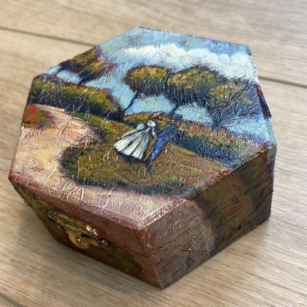 Romantic Handpainted Wood Trinket Box Signed Coquette Cottagecore Bohemian